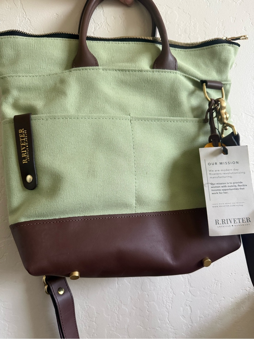Mint Canvas & Brown Leather Tote Bag